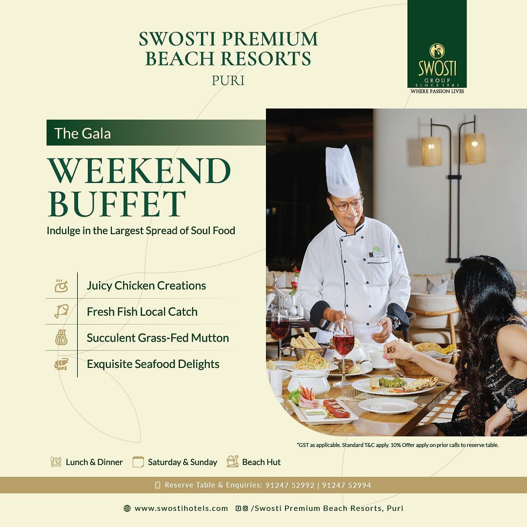 Weekend buffet promotion at Swosti Premium Beach Resorts, Puri, featuring a variety of seafood, chicken, and mutton dishes 